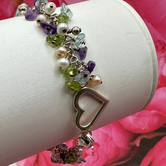 Sterling Silver Multi-Color Gems and Pearls Heart Bracelet - Picture 1 of 12